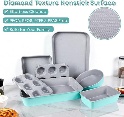 21-pieces Stackable Nonstick Bakeware Set, PTFE/PFOA/PFOS Free Baking Pans Set with Silicone Cup, Oven Mitt, Complete Kitchen Baking Kit for Cake & Loaf, Cookies, Cupcakes