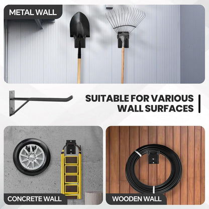 14" Large Heavy Duty Garage Hooks, 4-Pack Steel Garage Storage Hooks with Support Rods, Utility Wall Mount Hangers for Power Tools, Car Tires, Ladders, Chairs, Garden Tools and More