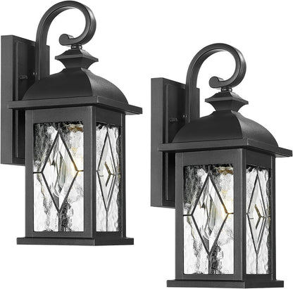 FEMILA 15" Exterior Wall Sconce, 2-Pack Outdoor Waterproof Wall Lights Fixture, Anti-Rust Matte Black Finish with Water Ripple Glass,4FD54B-2PK BK-SD