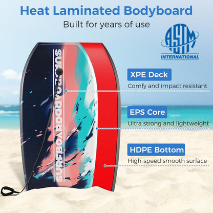 Goplus 41''/37''/33'' Lightweight Body Board for Beach, Surf Board with EPS Core, XPE Deck, HDPE Slick Bottom, Wrist Leash, Bodyboard for Kids Adults Surfing