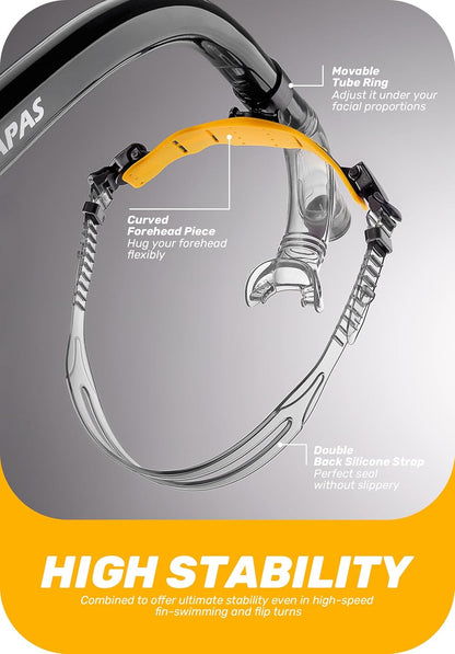 CAPAS Training Swim Snorkel for Lap Swimming, Swivel Headband Ultimate Fit Center-Mount Swimmers Snorkel with Liquid Silicone Mouthpiece Adjustable Strap, Designed for Adult Men Women