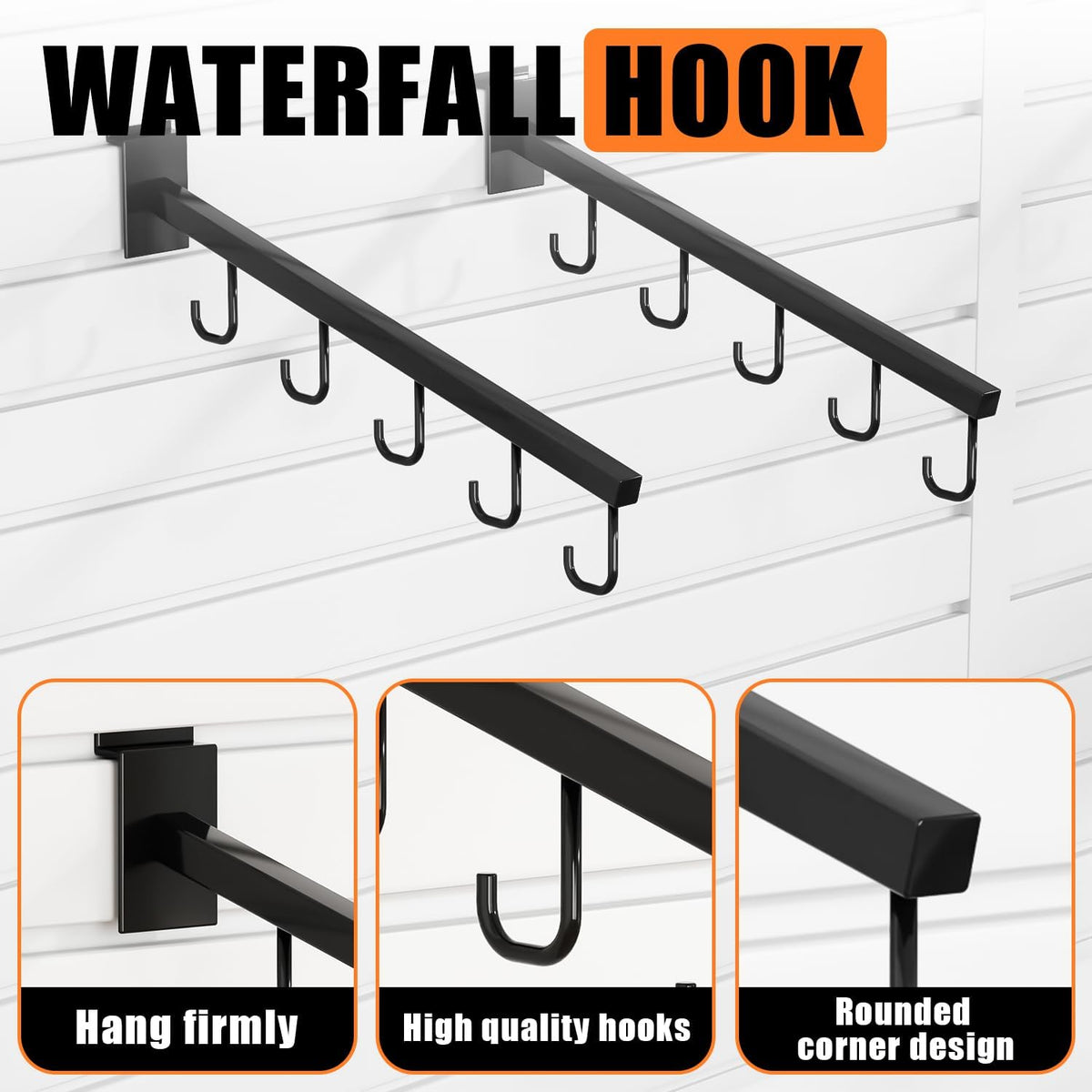10-Pack 17-Inch Slatwall Waterfall Display Hooks with 5 J-Hooks – Black Slanted Arm Rack for Hanging Apparel, Bags & Accessories