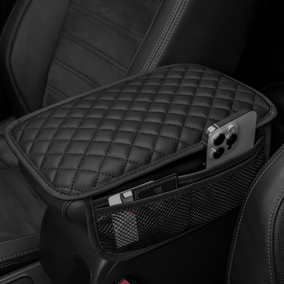 Car Center Console Cover with 6 Storage Pockets, Leather Car Arm Rest Cover Thickened Cushion, Universal Vehicle Armrest Pad Interior Protector, Black