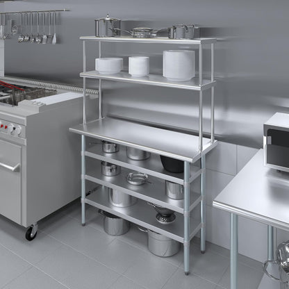 Amgood 18" x 48" Stainless Steel Work Table with 3 Shelves and 12" Wide Double Tier Overshelf | Metal Kitchen Prep Table & Shelving Combo | NSF