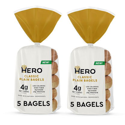 Hero Classic Plain Bagel - 4g Net Carbs, 19g Protein, High Fiber, 130 Calories per serving (10 bagels, 2 packs of 5)