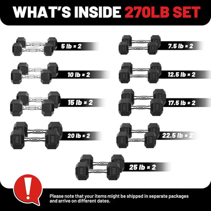 PAPABABE Hex Dumbbell Set 45-550 lb, Rubber Encased Home Gym Dumbbells, Weights Dumbbells for Women & Men, Hand Weight for Strength Training