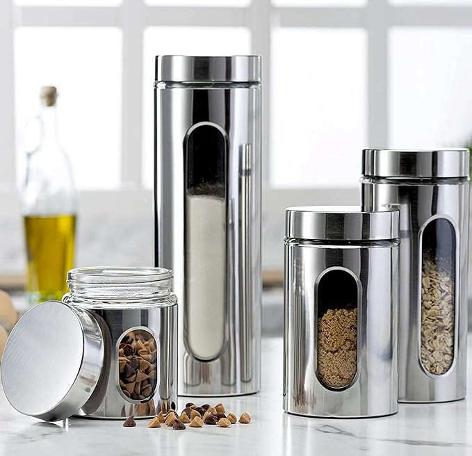 Quality 4pc Stainless Steel Canister Set for Kitchen Counter with Glass Window & Airtight Lids, Food Storage Containers, Pantry Storage & Organization Set for Coffee, Flour, Pasta, Rice, Spices, Herbs