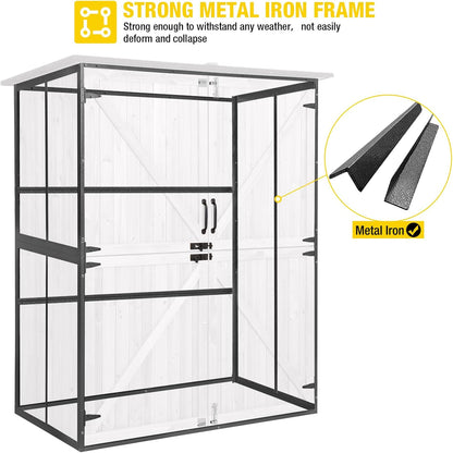Aivituvin Storage Shed Outdoor Storage Cabinet Upgraded with All Arounded Metal Frame, Wooden Floor and Adjustable Shevels 55" L x 29" W x 67" H, Off-White
