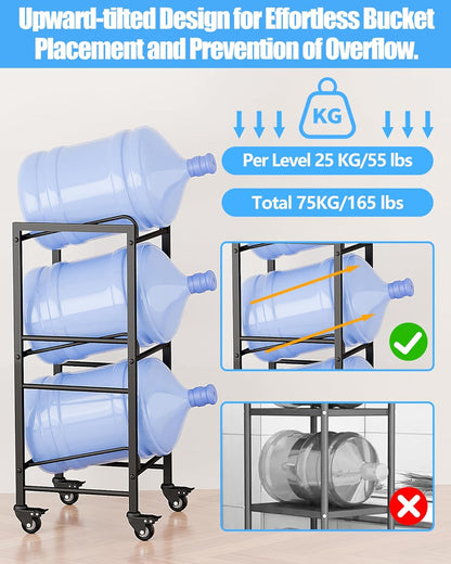 5 Gallon Water Jug Holder, Movable 3 Tier Heavy Duty Water Rack with 4 Wheels, Rack for Water Jug Storage, Space Saving Water Stand for Three 5 Gallon Water Jugs, Black