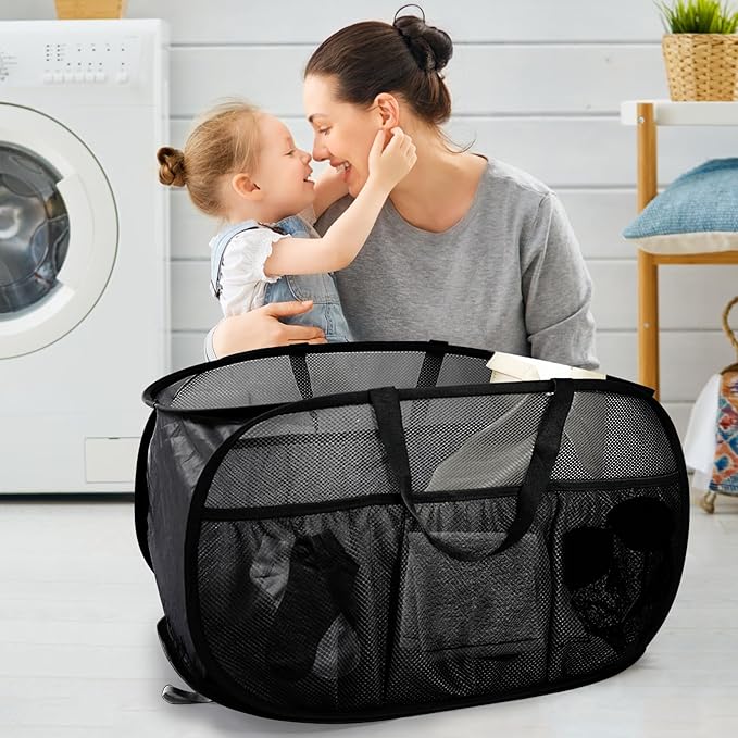 2 Pack Collapsible Laundry Baskets, Upgrade Pop Up Laundry Hamper with Convenient Bags, Foldable Laundry Basket Mesh Light Weight, Easy to Carry Clothes Hampers for Laundry, Dorm, Toys, Travel Black