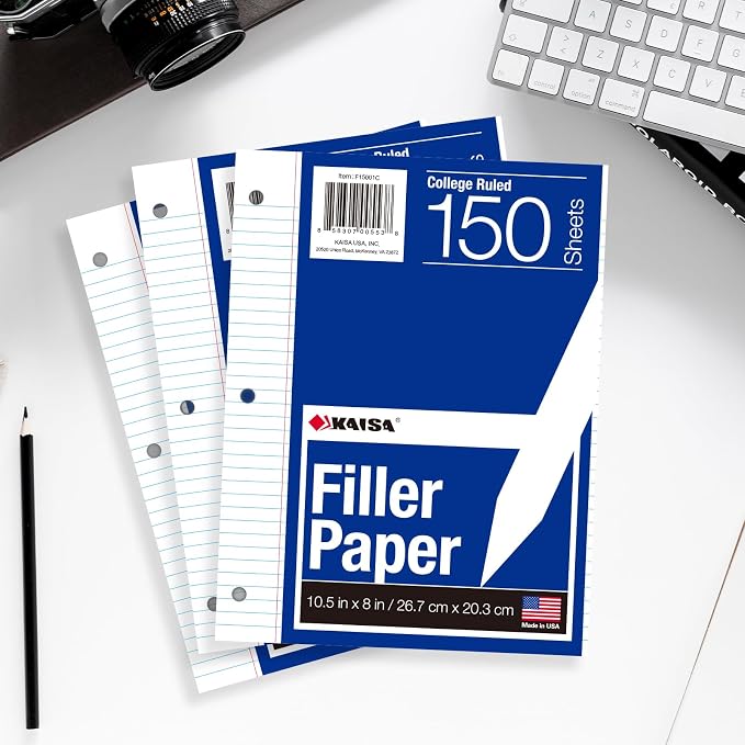Kaisa Notebook Paper USA-Made Loose Leaf Paper, 24 Pack 3600 Sheets 8"x10.5" College Ruled - 3-Hole Punched Bulk Filler Paper for 3-Ring Binder, 150 Sheets/Pack, Wholesale Available(24Pack-college)