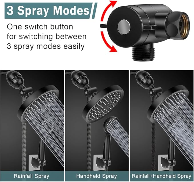 Taiker Filtered Shower Head, High Pressure Rainfall Shower Head/Handheld Shower Filter Combo, Luxury Modern Chrome Plated with 60'' Hose Anti-leak with Holder (Black)
