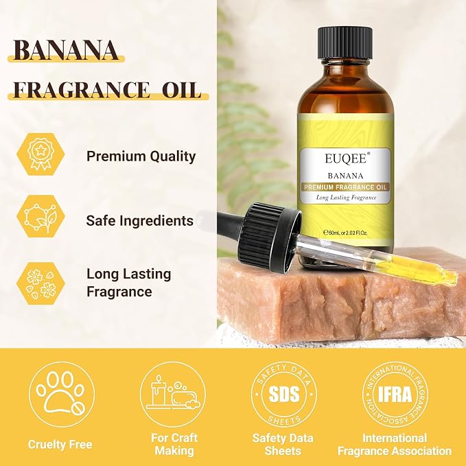 EUQEE 2.02 Fl oz Banana Fragrance Oil, Premium Fragrance Essential Oil with Glass Dropper for Diffuser, Soap Candle Making - 60ml