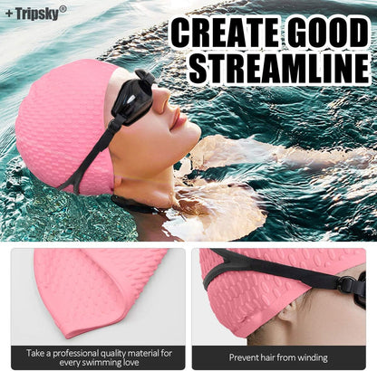 Tripsky Silicone Swim Cap,Comfortable Bathing Cap Ideal for Curly Short Medium Long Hair, Swimming Cap for Women and Men, Shower Caps Keep Hairstyle Unchanged…