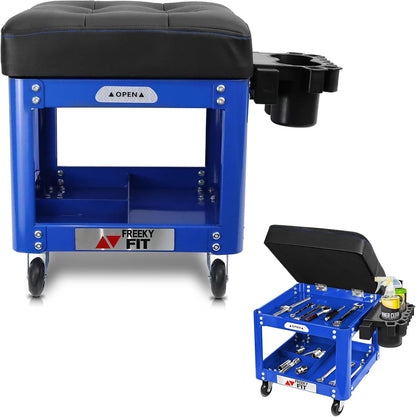 Rolling Creeper Garage Shop Seat for Men, Padded Mechanics Stool with Tool Tray Storage for Garage, Rolling Workshop Stool with Wheels, Auto Creeper Seat, 330 LBS Capacity, Heavy Duty, Blue