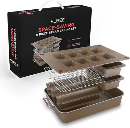 Elbee Home 8-Piece Nonstick Space Saving Bread Baking Pan Set - Includes Large Roasting Pan - Bread Loaf Pan - Baguette Pan - Cooling Rack - 8-Cavity Mini Loaf Pan Aluminized Steel - PFOA & PFOS Free