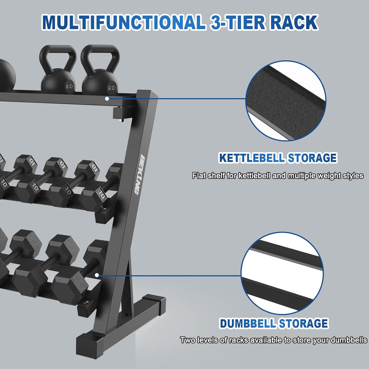 BEKING Dumbbell Rack, 3 Tier Weight Storage Rack for Dumbbells, Kettlebells, Multilevel Free Weight Organizer Stand for Home Gym Fitness, 1000-Pound Capacity
