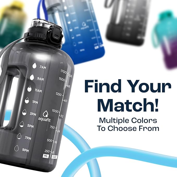 AQUAFIT 64 oz Water Bottle with Time Marker, 2in1 Lid | BPA Free Half Gallon Water Bottle with 2in1 Straw and Chug Lid - Leakproof Gym Water Bottle with Carry Handle (Nebula)