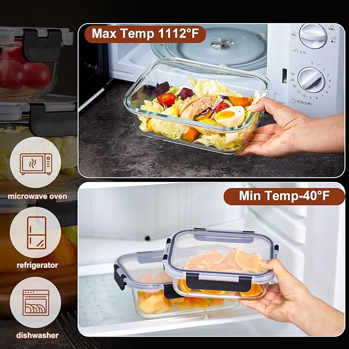 Wells Glass Meal Prep Containers, 8 Pack Glass Food Storage Containers Set with Airtight Locking Lids for Lunch, Fridge, Freezer, Dishwasher Safe, BPA-Free, Clear
