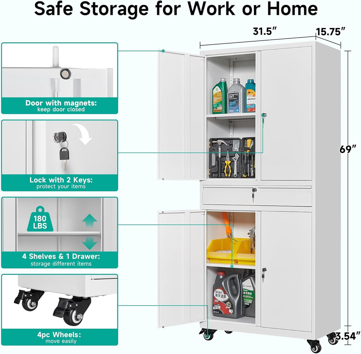 SISESOL White Metal Storage Cabinet with Wheels and Drawer,Rolling Garage Cabinet with Locking Doors and Adjustable Shelves,73" Mobile Tall Large Metal Cabinets for Home,Office,Garage,Shop