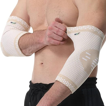 NeoTech Care Elbow Support Brace - Breathable - Men, Women, Right or Left (Beige Color, Size L, 1 Pair)