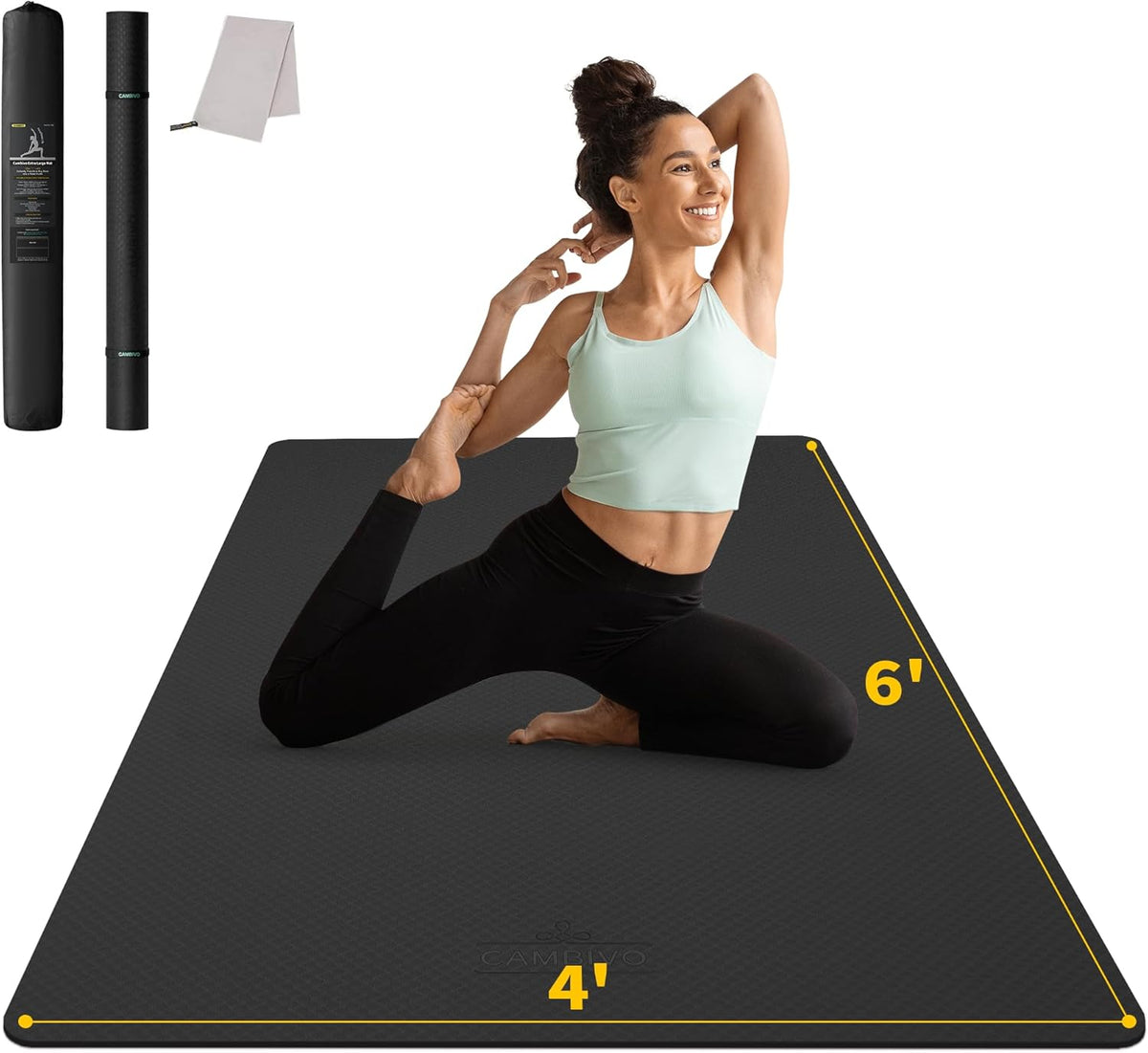 CAMBIVO Large Yoga Mat (6'x 4'), Extra Wide Workout Mat for Men and Women, Yoga Mat Thick 1/3 &1/4 Exercise Mats for Home Workout, Yoga, Pilates (Black,1/4 inch)