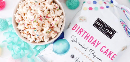 Safe + Fair Birthday Cake Drizzled Popcorn - Gluten-Free, Dairy Free and Vegan Snack - Free From Top 9 Allergens and Artificial Ingredients – Non GMO, Plant Based Kettle Popped Corn, 5.5 oz