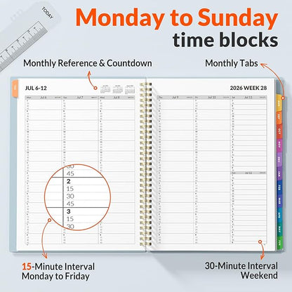 SUNEE 2026-2027 Appointment Book, Quarter-Hourly, Weekly & Monthly - from July 2026 to June 2027, 8.5"x11" Academic Planner, Flexible Cover, Note Pages, Bookmark, Spiral Binding, Blue