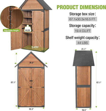GUTINNEEN Sheds Outdoor Storage Wooden Garden Tool Shed with Metal Frame Sloped Roof and Adjustable 3 Tiers Shelves Outdoor Storage Cabinet for Backyard Garden Patio Lawn 67.1"(Brown)