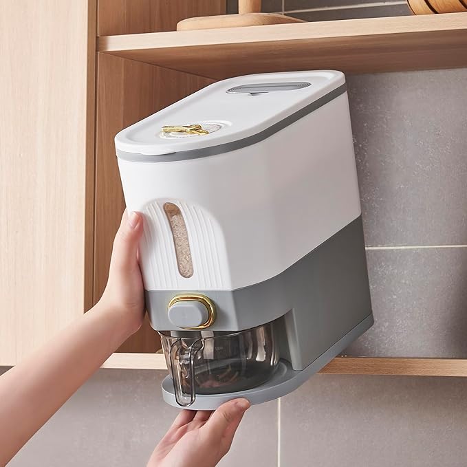 Sooyee 11 Lbs Rice Container, Large Grain Container Storage with Lid Measuring Cylinder Moisture Proof Household Cereal Dispenser Bucket for Kitchen Soybean Corn,White and Grey