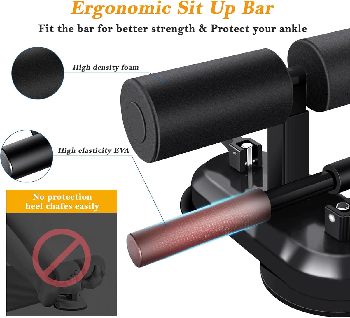 Sit Up Bar Floor, Portable Sit Up Exercise Equipment with 2 Strong Suction Cups and Adjustable Foot Holder, Abs Master Assistant Device for Home Workout with Massage Roller