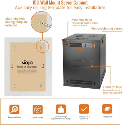 Tecmojo 15U Wall Mount Rack Network Cabinet for 19" IT Equipment,with Lockable Glass Door and Side Panels,Cooling Fan,17.7inch Depth,Black (15U)