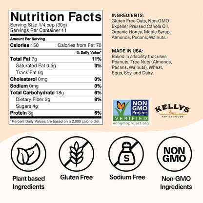 Kelly's Four Plus Granola (Nutty) Healthy Granola Cereal with Whole Grain Oats, Honey, Maple Syrup - Non-GMO, Low Sugar, Sodium Free and Gluten Free for Yogurt - 12oz - Pack of 6