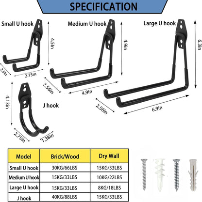 Wall Mount Heavy Duty Garage Hooks (2-Pack) – Wall Mounted Storage Hooks for Ladders, Bikes, Tools & More – Rust-Resistant Steel with Anti-Slip PVC Coating Small U Hooks