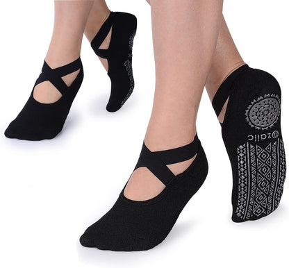 Ozaiic Yoga Socks for Women Non-Slip Grips & Straps, Ideal for Pilates, Pure Barre, Ballet, Dance, Barefoot Workout