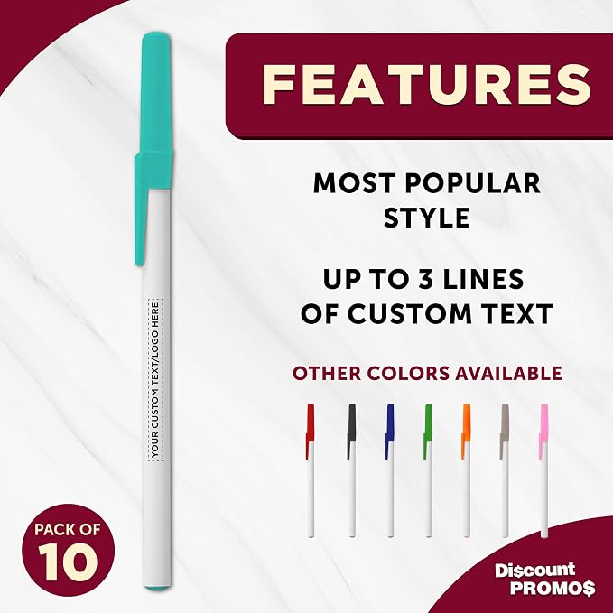 DISCOUNT PROMOS Custom Value Stick Pens Set of 10, Personalized Bulk Pack - Black Ink, Great for Office, School, Business, Tradeshows, Events - Teal
