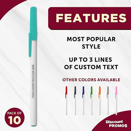 DISCOUNT PROMOS Custom Value Stick Pens Set of 10, Personalized Bulk Pack - Black Ink, Great for Office, School, Business, Tradeshows, Events - Teal