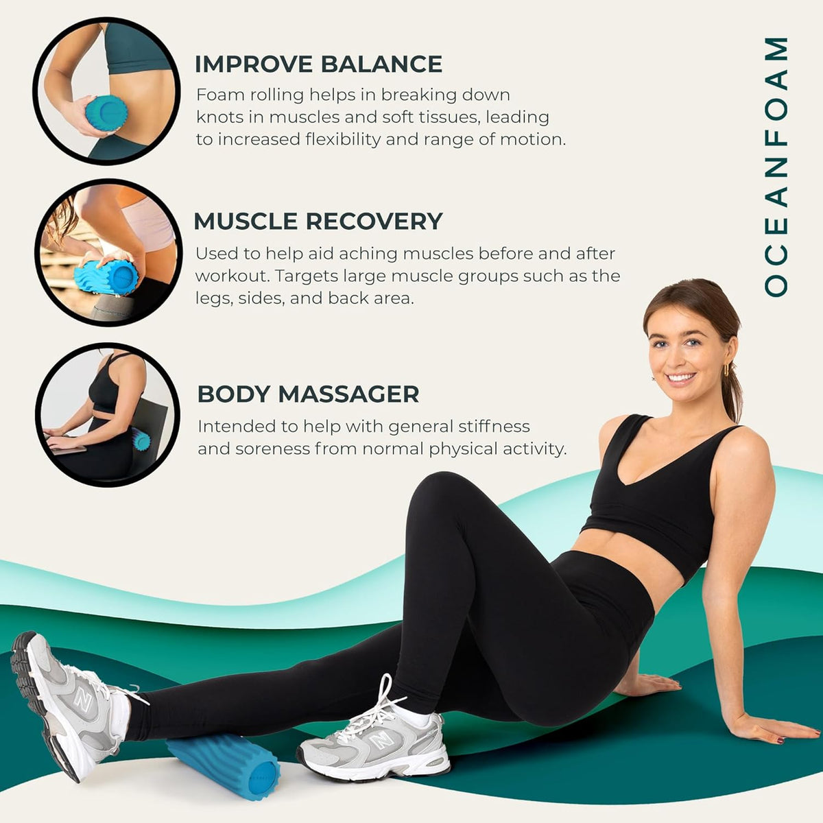Oceanfoam Ripple Travel Foam Roller (11" x 3.35") Firm Mini Foam Roller for Physical Therapy, Deep Tissue Massage, Back Pain, High Density, Ergonomic Wave Textured, Yoga, Pilate, Exercise (Miami Blue)