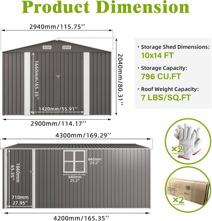 10x14 FT Outdoor Storage Shed with Window, Metal Sheds & Outdoor Storage with 3 Lockable Door and 4 Vents, Outside Storage Shed Waterproof for Backyard, Garden, Patio, Gray