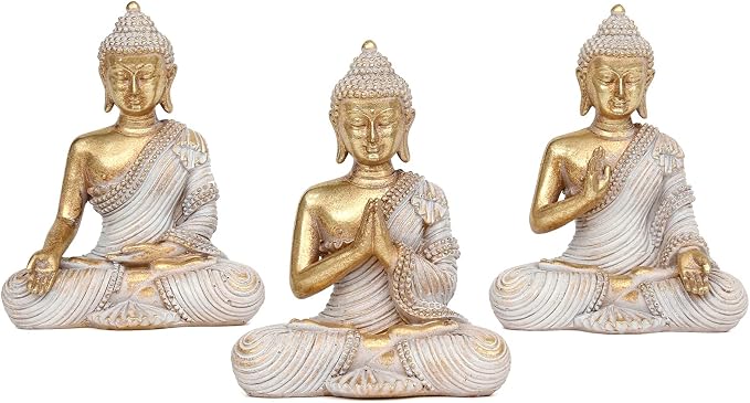 Buddha Statue for Home Decor Gold 4.3'' Set of 3-Small Buddha Statues for Zen Decor-Table Desk Spiritual Decor-Buddha Decor for Living Room-Indoor Buddha Gift for Relaxation, Meditation or Shrine
