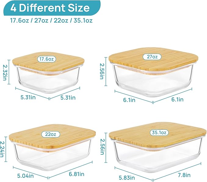 Vtopmart Glass Food Storage Containers with Bamboo Lids, 4 Pack Meal Prep Glass Containers Safe for Microwave, Oven, Freezer and Dishwasher, BPA Free