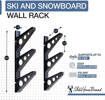 StoreYourBoard Ski Wall Rack – Horizontal Ski Rack Wall Mount, Holds 3 Pairs of Skis and Poles, Ski and Snowboard Wall Rack for Garage or Home, Holds Up to 40 lbs