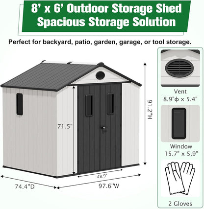 EAGLE PEAK 8x6 Resin Outdoor Storage Shed, Weatherproof Garden Shed with Floor & Lockable Doors, Tool & Equipment Storage for Backyard or Patio, White/Gray