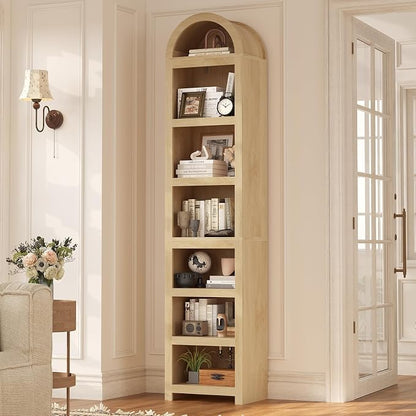UPOSOJA 76" Tall Narrow Arched Bookcase,7-Teir Mid-Century Modern Bookshelf,Adjustable Shelves offering More Storage Space for Living Room,Kitchen,Home Office,Oak