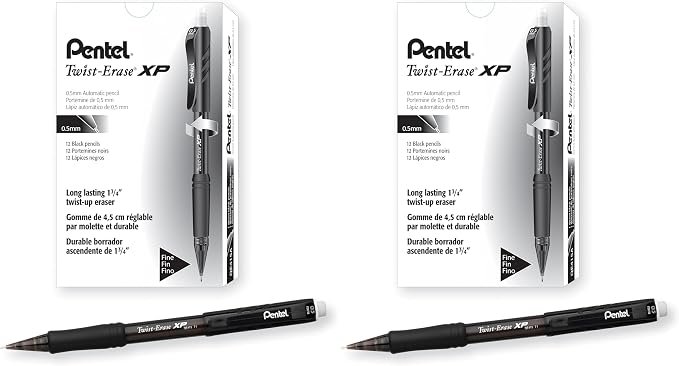 Pentel Twist Erase EXPRESS Automatic Pencil, 0.5mm Lead Size, Black Barrel, Box of 12 (QE415A) (Pack of 2)