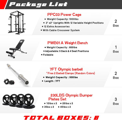 RitFit Multi-Function Squat Rack Power Cage PPC03 with Cable Crossover System, 1000LBS Capacity Power Rack and Packages with Optional Weight Bench, Barbell Weight Set, for Garage Workout & Home Gym