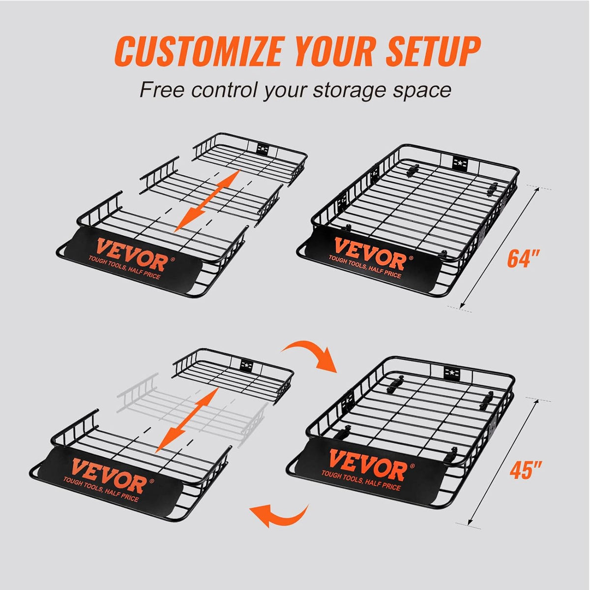 VEVOR Roof Rack Cargo Basket, 64" x 39" x 6" Rooftop Cargo Carrier with Extension, Heavy-Duty Steel 200 LBS Capacity Universal Roof Rack Basket, Luggage Holder for SUV, Truck