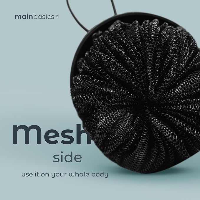 MainBasics Shower Tool Duo 2-1 Shower Loofah Sponge and Exfoliating Body Scrubber (2 Pack, Black)