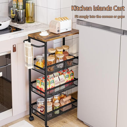 AZERPIAN Slim Rolling Cart 4 Tier Narrow Storage Cart on Wheels with MDF Board Top and Metal Handle for Small Space Kitchen Living Room Bathroom Laundry Room (16.38 x 9.06 x 30.31inch)