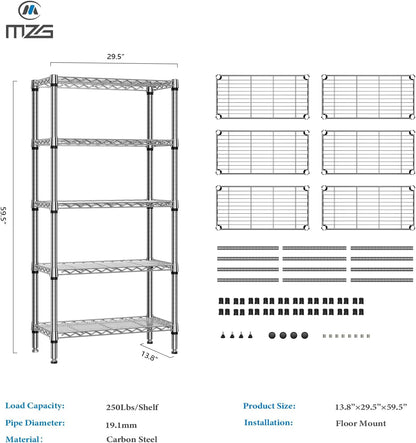 1250 lbs 5 Tier Shelf Metal Storage Shelves Shelving Wire Rack Heavy Duty Closet Organizers for Garage Kitchen Bathroom Laundry Chrome 13.8" D x 29.5" W x 59.5" H